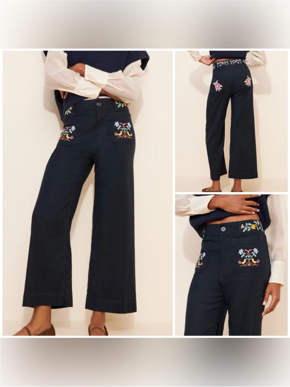 Tricia Fix Anthropologie Maeve Reworked Embroidered Colette Linen Pants - 18W